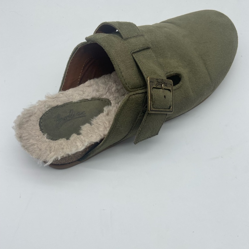 Zodiac green Suede Adjustable‎ Buckle cork & shearling sole mules Women's US 9